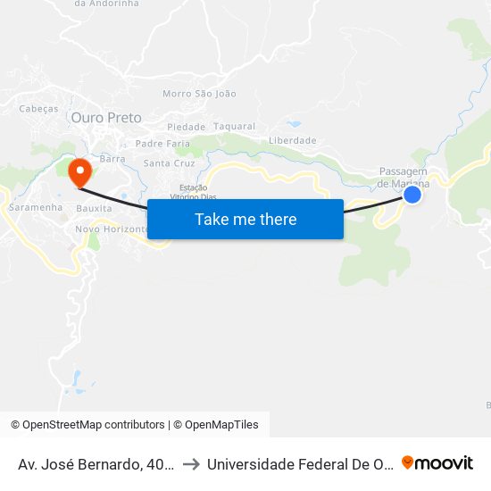 Av. José Bernardo, 40 | Igreja De São Vicente De Paula to Universidade Federal De Ouro Preto - Campus Morro Do Cuzeiro map
