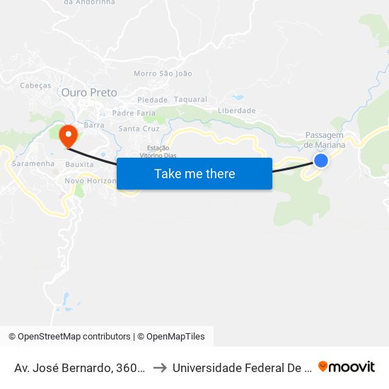 Av. José Bernardo, 360 | Ponto Final De São Vicente De Paula to Universidade Federal De Ouro Preto - Campus Morro Do Cuzeiro map