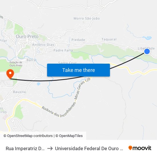 Rua Imperatriz Dona Leopoldina, 30 to Universidade Federal De Ouro Preto - Campus Morro Do Cuzeiro map