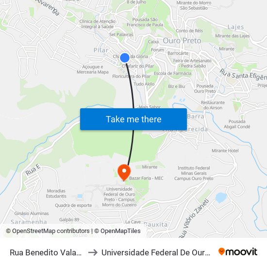 Rua Benedito Valadares, 10 | Posto Ferrari to Universidade Federal De Ouro Preto - Campus Morro Do Cuzeiro map