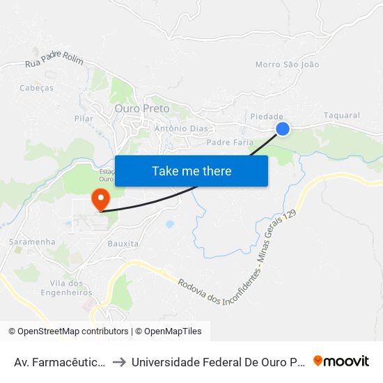 Av. Farmacêutico Duílio Passos, 2 to Universidade Federal De Ouro Preto - Campus Morro Do Cuzeiro map