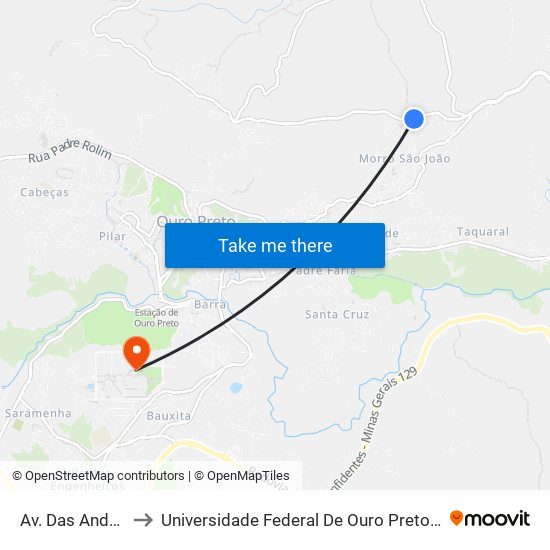 Av. Das Andorinhas, 970 to Universidade Federal De Ouro Preto - Campus Morro Do Cuzeiro map