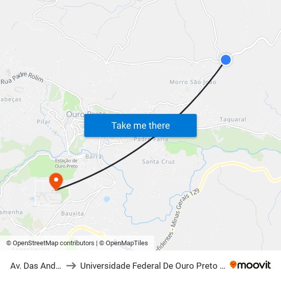 Av. Das Andorinhas, 10 to Universidade Federal De Ouro Preto - Campus Morro Do Cuzeiro map