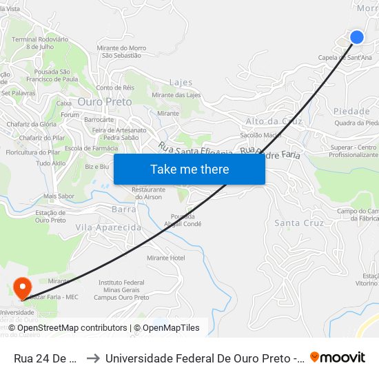 Rua 24 De Junho, 135 to Universidade Federal De Ouro Preto - Campus Morro Do Cuzeiro map