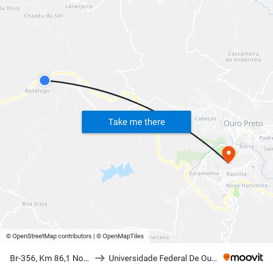 Br-356, Km 86,1 Norte | Entrada Para Botafogo to Universidade Federal De Ouro Preto - Campus Morro Do Cuzeiro map