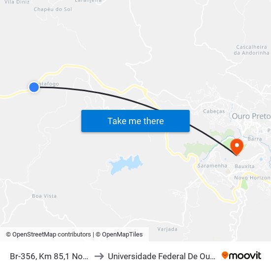 Br-356, Km 85,1 Norte | Entrada Para Botafogo to Universidade Federal De Ouro Preto - Campus Morro Do Cuzeiro map