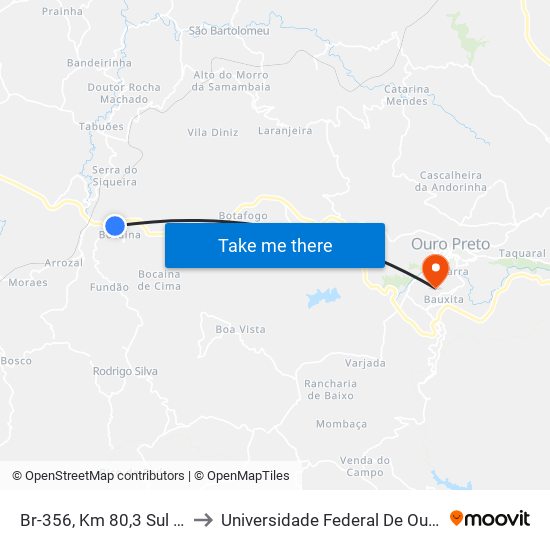 Br-356, Km 80,3 Sul | Entrada Para Rodrigo Silva to Universidade Federal De Ouro Preto - Campus Morro Do Cuzeiro map