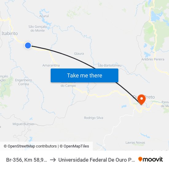 Br-356, Km 58,9 Sul | Laticínios Ita to Universidade Federal De Ouro Preto - Campus Morro Do Cuzeiro map