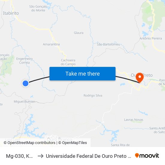 Mg-030, Km 92 Norte to Universidade Federal De Ouro Preto - Campus Morro Do Cuzeiro map