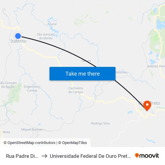 Rua Padre Diogo Feijó, 88 to Universidade Federal De Ouro Preto - Campus Morro Do Cuzeiro map