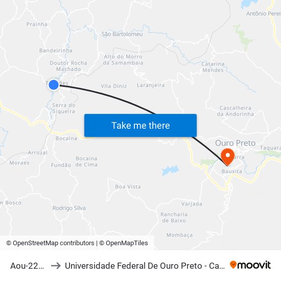 Aou-220 Leste to Universidade Federal De Ouro Preto - Campus Morro Do Cuzeiro map