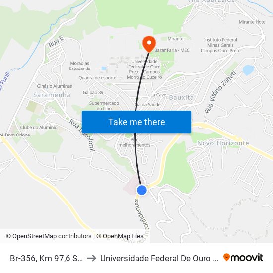 Br-356, Km 97,6 Sul | Trevo Do Hospital to Universidade Federal De Ouro Preto - Campus Morro Do Cuzeiro map