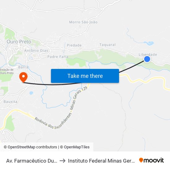 Av. Farmacêutico Duílio Passos, 2800 to Instituto Federal Minas Gerais Campus Ouro Preto map