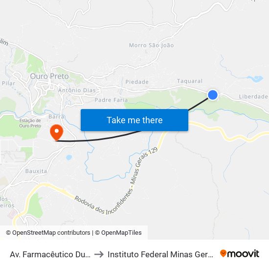 Av. Farmacêutico Duílio Passos, 2202 to Instituto Federal Minas Gerais Campus Ouro Preto map