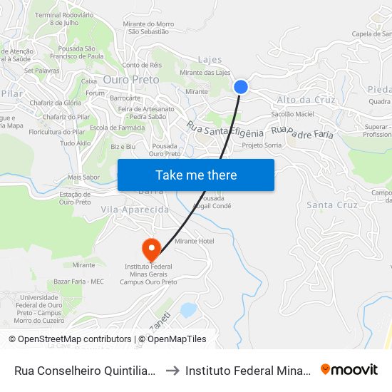 Rua Conselheiro Quintiliano, 760 | Entrada Morro Santana to Instituto Federal Minas Gerais Campus Ouro Preto map