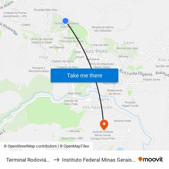 Terminal Rodoviário 8 De Julho to Instituto Federal Minas Gerais Campus Ouro Preto map