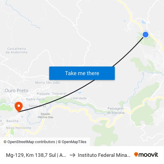 Mg-129, Km 138,7 Sul | Acesso De Terra A Morro Santana to Instituto Federal Minas Gerais Campus Ouro Preto map