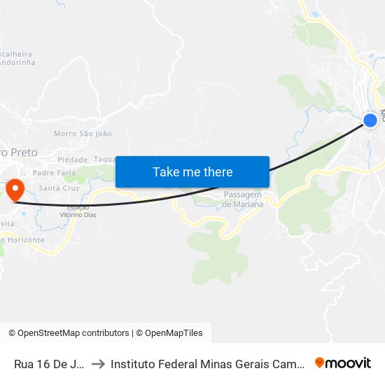 Rua 16 De Julho, 2 to Instituto Federal Minas Gerais Campus Ouro Preto map