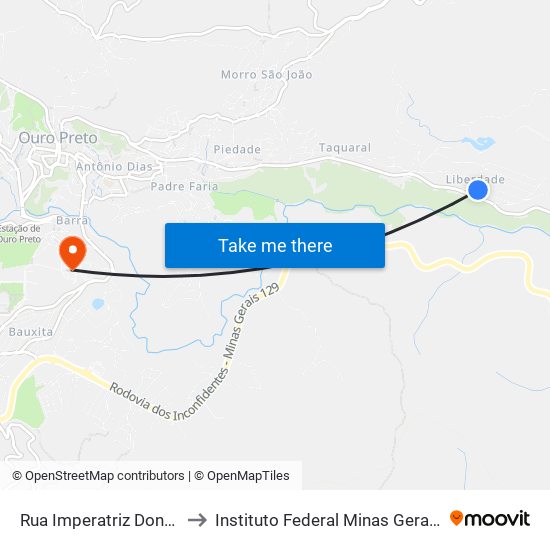 Rua Imperatriz Dona Leopoldina, 30 to Instituto Federal Minas Gerais Campus Ouro Preto map