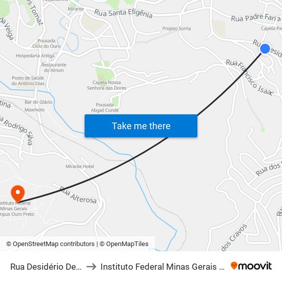 Rua Desidério De Matos, 482 to Instituto Federal Minas Gerais Campus Ouro Preto map