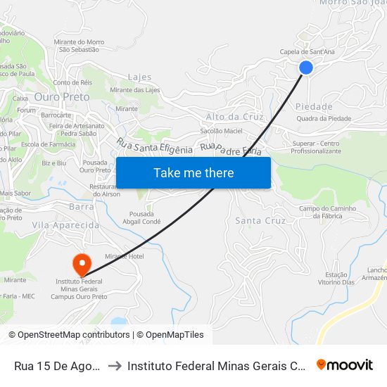 Rua 15 De Agosto, 1100 to Instituto Federal Minas Gerais Campus Ouro Preto map