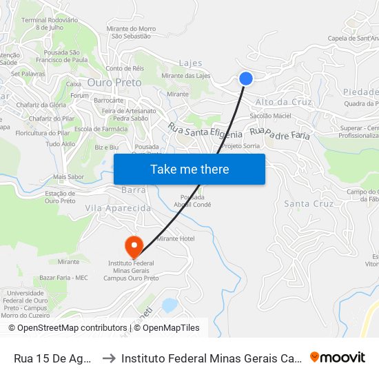 Rua 15 De Agosto, 243 to Instituto Federal Minas Gerais Campus Ouro Preto map