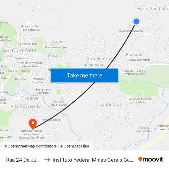 Rua 24 De Junho, 135 to Instituto Federal Minas Gerais Campus Ouro Preto map