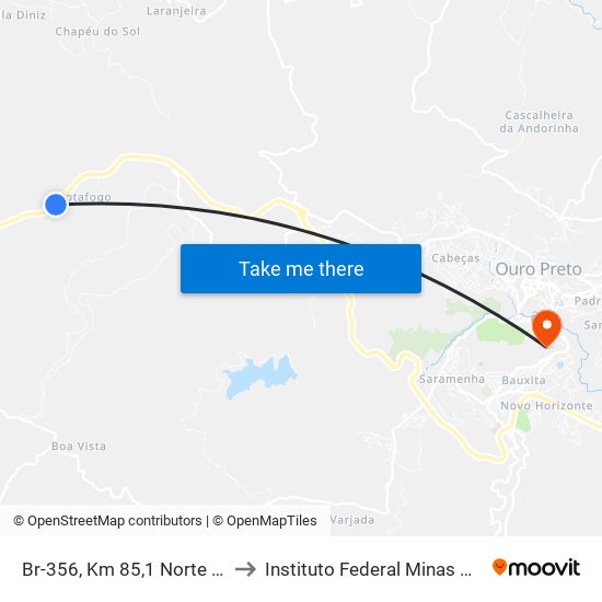 Br-356, Km 85,1 Norte | Entrada Para Botafogo to Instituto Federal Minas Gerais Campus Ouro Preto map