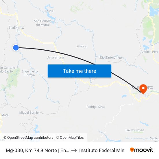 Mg-030, Km 74,9 Norte | Entr. Ita-330 Para São Gonçalo Do Bação to Instituto Federal Minas Gerais Campus Ouro Preto map