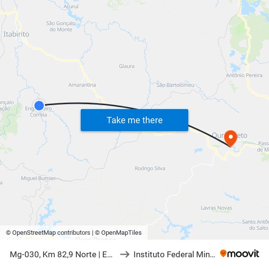 Mg-030, Km 82,9 Norte | Entr. Mg-440 Para Cachoeira Do Campo to Instituto Federal Minas Gerais Campus Ouro Preto map