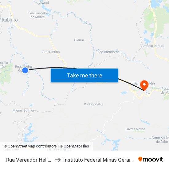 Rua Vereador Hélio Ferreira, 170 to Instituto Federal Minas Gerais Campus Ouro Preto map