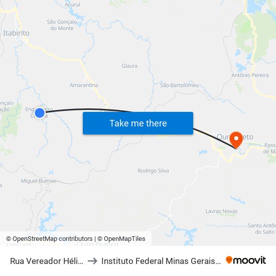 Rua Vereador Hélio Ferreira, 31 to Instituto Federal Minas Gerais Campus Ouro Preto map