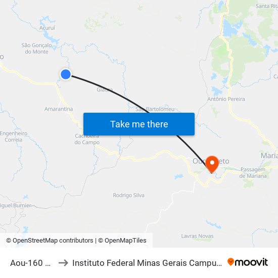 Aou-160 Norte to Instituto Federal Minas Gerais Campus Ouro Preto map
