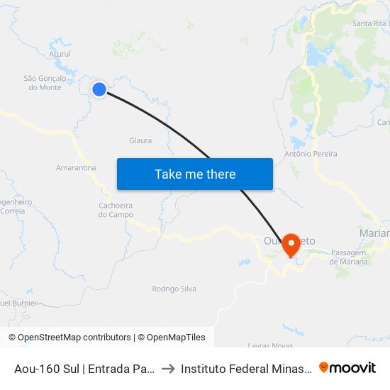 Aou-160 Sul | Entrada Para Nossa Senhora Do Silêncio to Instituto Federal Minas Gerais Campus Ouro Preto map
