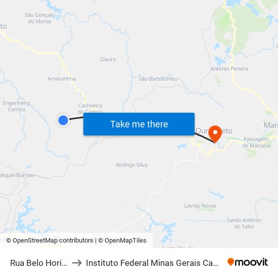 Rua Belo Horizonte, 5 to Instituto Federal Minas Gerais Campus Ouro Preto map