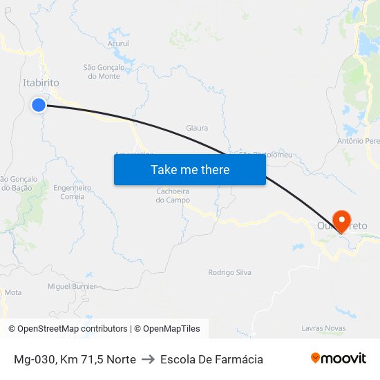 Mg-030, Km 71,5 Norte to Escola De Farmácia map