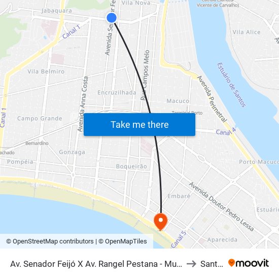 Av. Senador Feijó X Av. Rangel Pestana - Municipais to Santos map