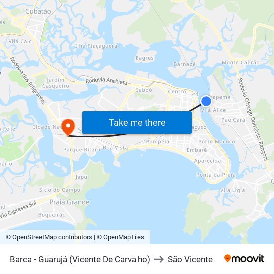 Barca - Guarujá (Vicente De Carvalho) to São Vicente map