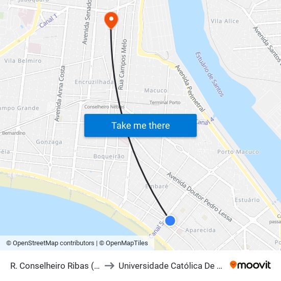 R. Conselheiro Ribas (Sesc) to Universidade Católica De Santos map