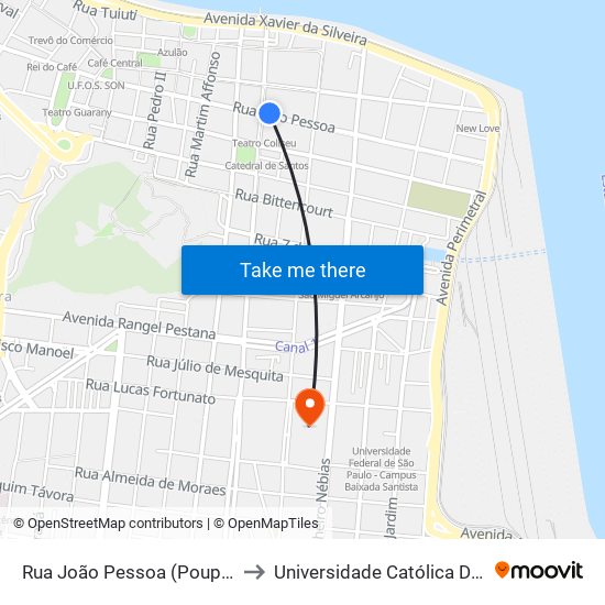 Rua João Pessoa (Poupatempo) to Universidade Católica De Santos map