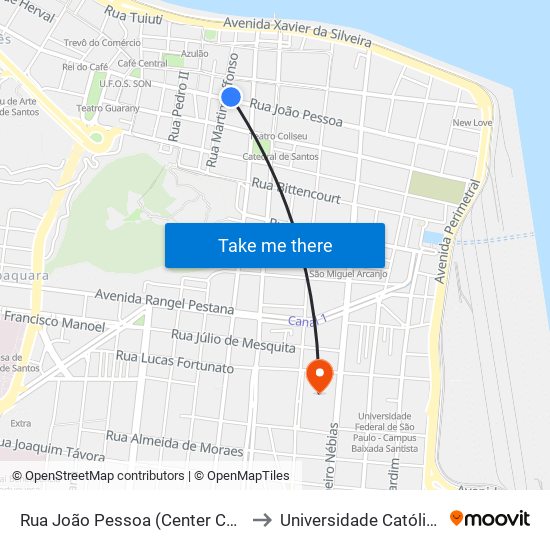 Rua João Pessoa (Center Carnes Boi Branco) to Universidade Católica De Santos map