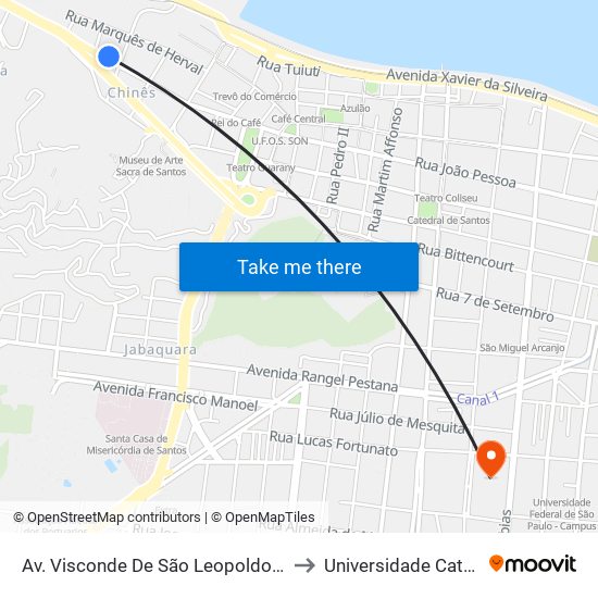 Av. Visconde De São Leopoldo (Ibis Hotel/Praça Lions) to Universidade Católica De Santos map