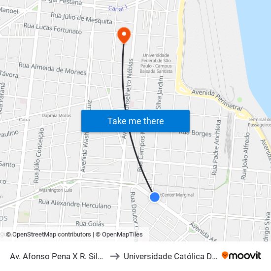 Av. Afonso Pena X R. Silva Jardim to Universidade Católica De Santos map