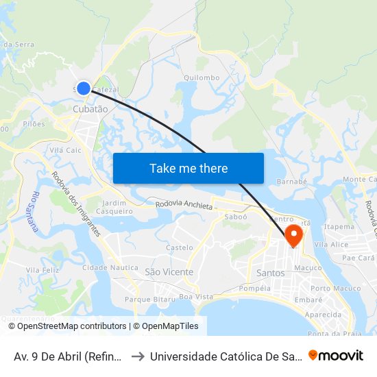 Av. 9 De Abril (Refinaria) to Universidade Católica De Santos map