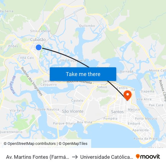 Av. Martins Fontes (Farmácia Silvestre) to Universidade Católica De Santos map