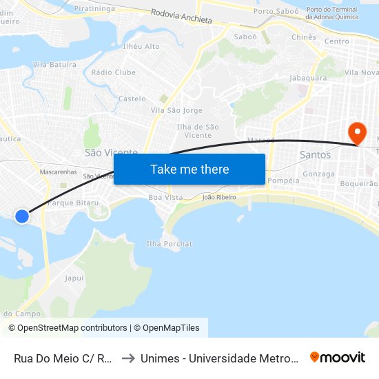 Rua Do Meio C/ Rua Dezenove to Unimes - Universidade Metropolitana De Santos map