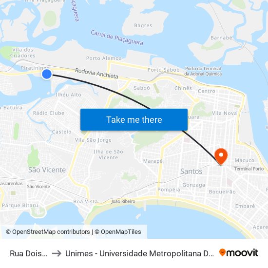 Rua Dois, 48 to Unimes - Universidade Metropolitana De Santos map