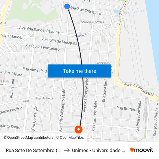 Rua Sete De Setembro (Escola Acácio De Paula) to Unimes - Universidade Metropolitana De Santos map