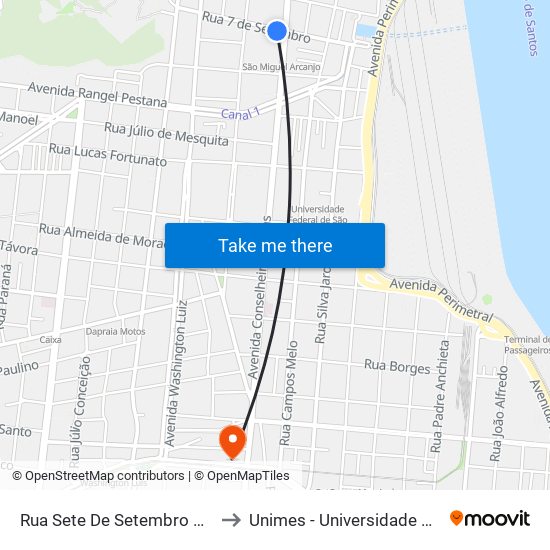 Rua Sete De Setembro X Av. Conselheiro Nébias to Unimes - Universidade Metropolitana De Santos map