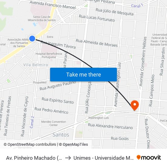 Av. Pinheiro Machado (Estádio Ulrico Mursa) to Unimes - Universidade Metropolitana De Santos map